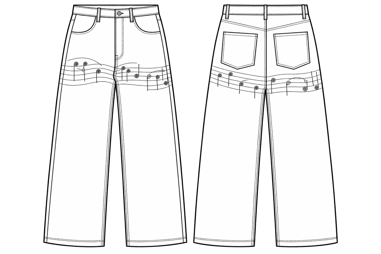 Front and back of jeans with musical staff embroidery across the upper thighs and beneath the back pockets.