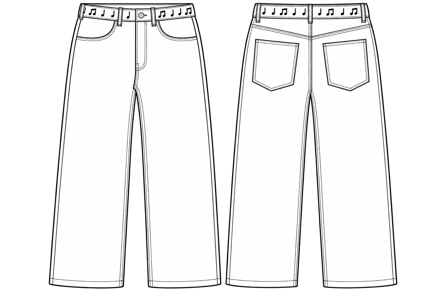 Front and back of jeans with embroidered musical notes around the waistband.